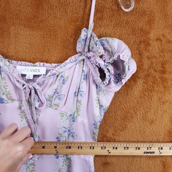 INTERMIX Mini Dress Womens Size 2 Purple Floral Off the Shoulder Smocked Girly - Picture 13 of 15